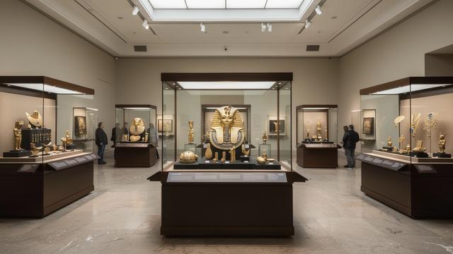 قاعة متحف مع قطع ذهبية وصناديق عرض
