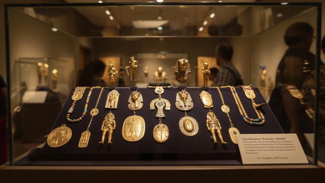 عرض متحفي لتمائم ذهبية وأدوات جنائزية